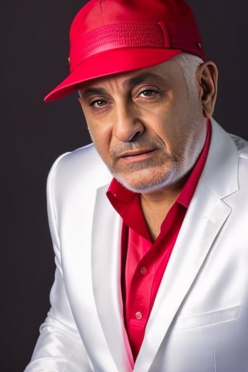 photo of ofrlev person wearing a luxurious white suit and red hat,  High details,  very high resolution,  realistic,  cinema colors,  in the background black,  16k.