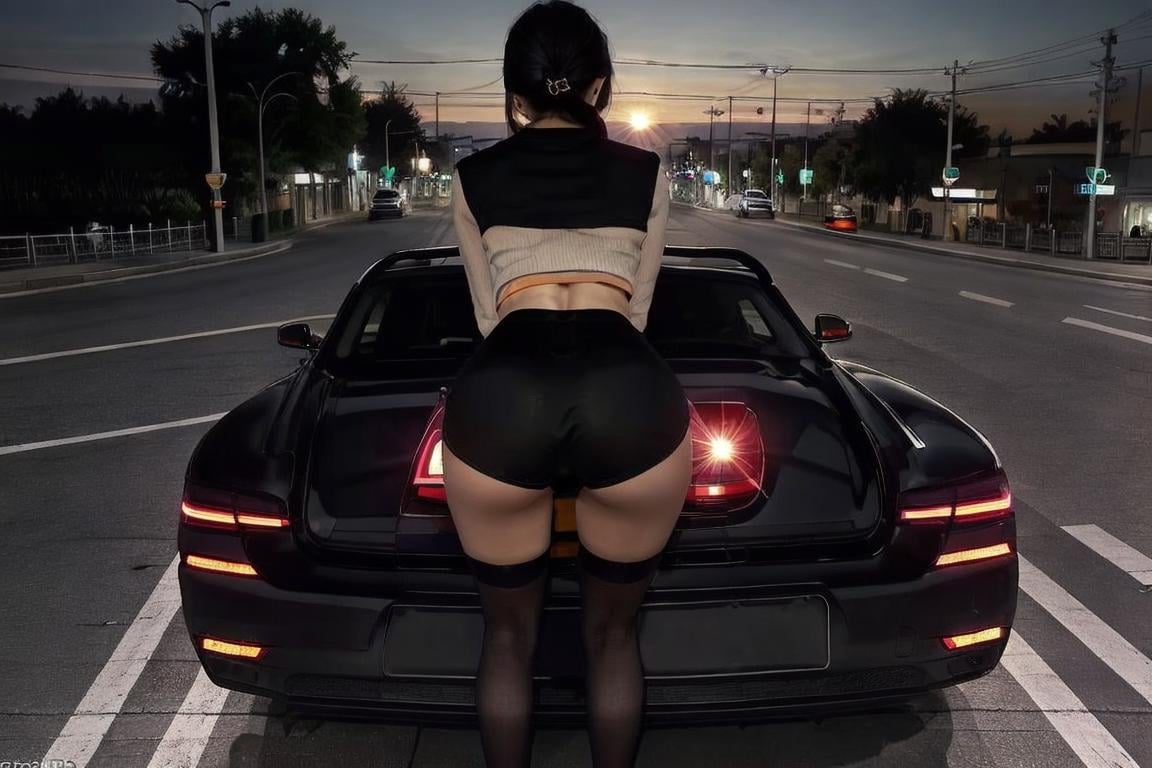 <lora:ass-HXZ:0.7>1girl, ass, solo, from behind, car, black hair, solo, ground vehicle,thighhighs, sunset,Intersection,path,pavement,traffic_cone,in_main_street,