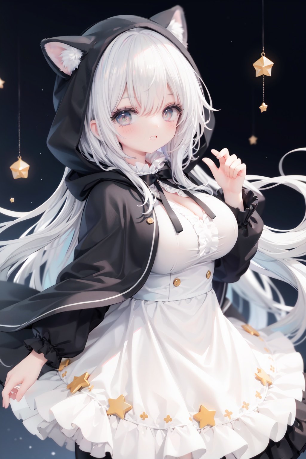 masterpiece, ((best quality)),  dynamic angle, chromatic aberration, ((colorful)),1girl, solo, hood, animal hood, breasts, frills, smile, hood up, yellow eyes, capelet, hair between eyes, blush, dress, long sleeves, looking at viewer, animal ears, large breasts, black ribbon, bangs, puffy long sleeves, :d, frilled dress, hand up, open mouth, white dress, puffy sleeves, hooded capelet, virtual *******r, frilled capelet, fang, white capelet, star (symbol)