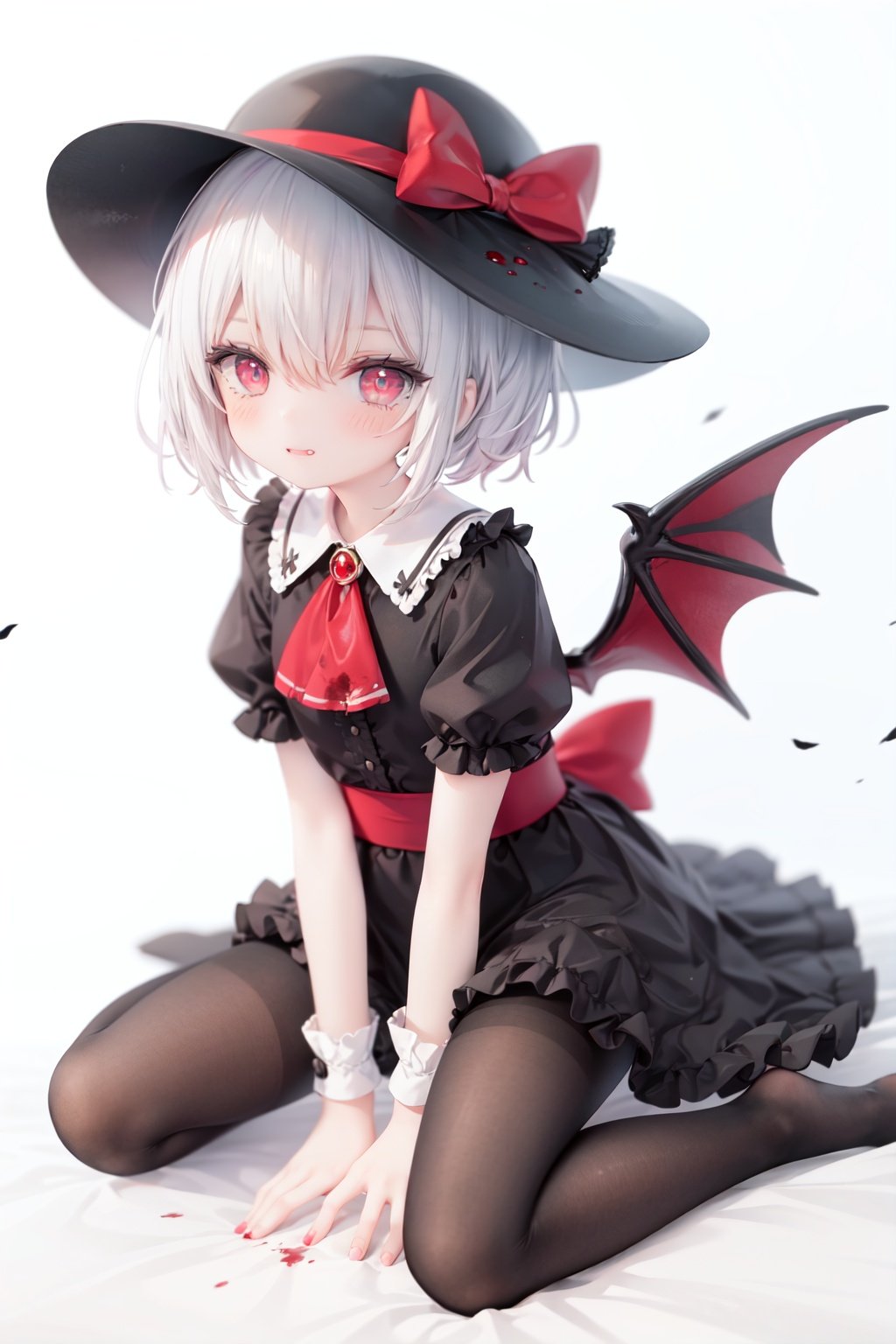 (little girl:1.4), (child:1.4),(petite:1.4), (loli:1.4),,,((solo:1.3)).,1girl, solo, wings, red eyes, hat, remilia scarlet, red background, mob cap, bat wings, ascot, blood, short sleeves, bow, short hair, ribbon, blood on hands, looking at viewer, simple background, full body, puffy sleeves, hat ribbon, blood on face, dress, brooch, red nails, pantyhose, red bow, puffy short sleeves, smile, black pantyhose, wrist cuffs, red ribbon, sitting, jewelry, red ascot, frills, hair between eyes, skirt, white dress, fingernails, sash, shirt, nail polish, no shoes, red theme, sharp fingernails, bangs, tongue, hat bow, grey hair, closed mouth, tongue out, white headwear, slit pupils, blood on clothes, skirt set, hand up, frilled sleeves, invisible chair, white skirt, vampire, frilled shirt collar/.,\nSolo,Battle, {{{{{Slash}}}}},Killing,Attacker,{{Fierce movement}},Ninja,Bloodstain,Core shadow,splatter,{Blood},{{{{Battle scene}}}},angry,Intricate,,{{{Dynamic angle}}},{Stylish pose},{High contrast,Extremely detailed CG unity 8K wallpaper} Sense of movement,blurry background,Kaotic,Lunatic,[[[[[hyper paint, rough design, flat color]]]]],Grin,Whole body,Colorful background,Intricate,Girl wearing black suit,Looking at viewers,{{Stylish}},Persona 5 style art,{{{all out attack(persona 5)}}}