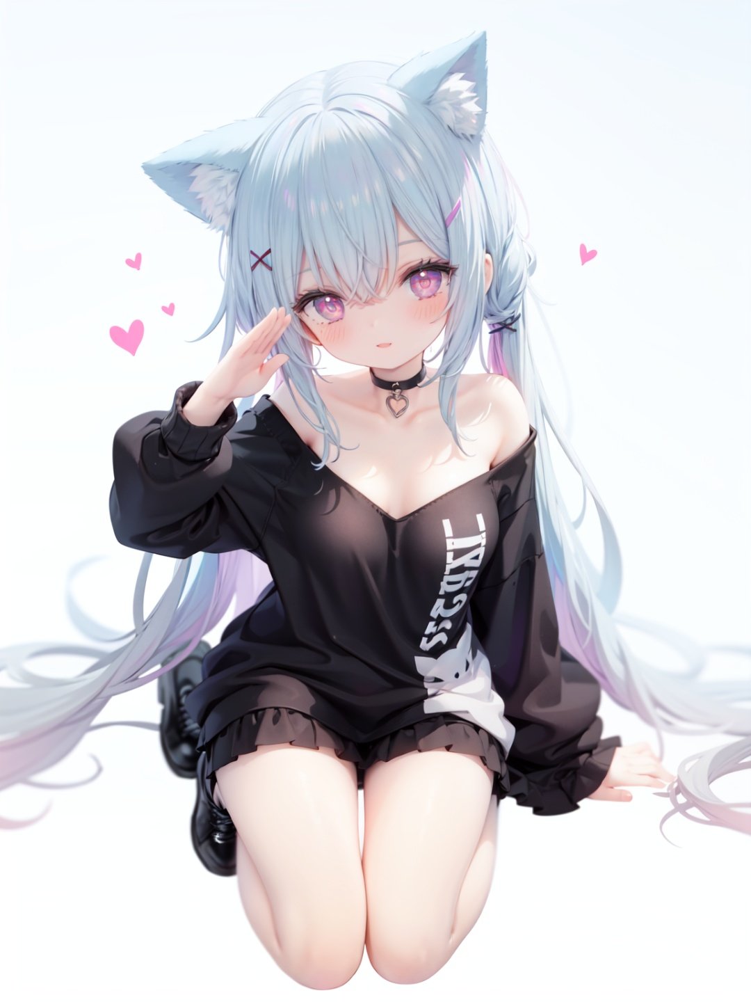 petite, loli, solo, animal ears, heart, puffy short sleeves, blue hair, long hair, off shoulder, bangs, hair ornament, gradient background,rainbow gradient, x hair ornament, animal ear fluff, looking at viewer, very long hair, blush, smile, cat ears, bare shoulders, collarbone, hand up, gradient sweater, hair between eyes, symbol-shaped pupils, arm up, heart-shaped pupils, hairclip, medium breasts, salute, bare legs,full body