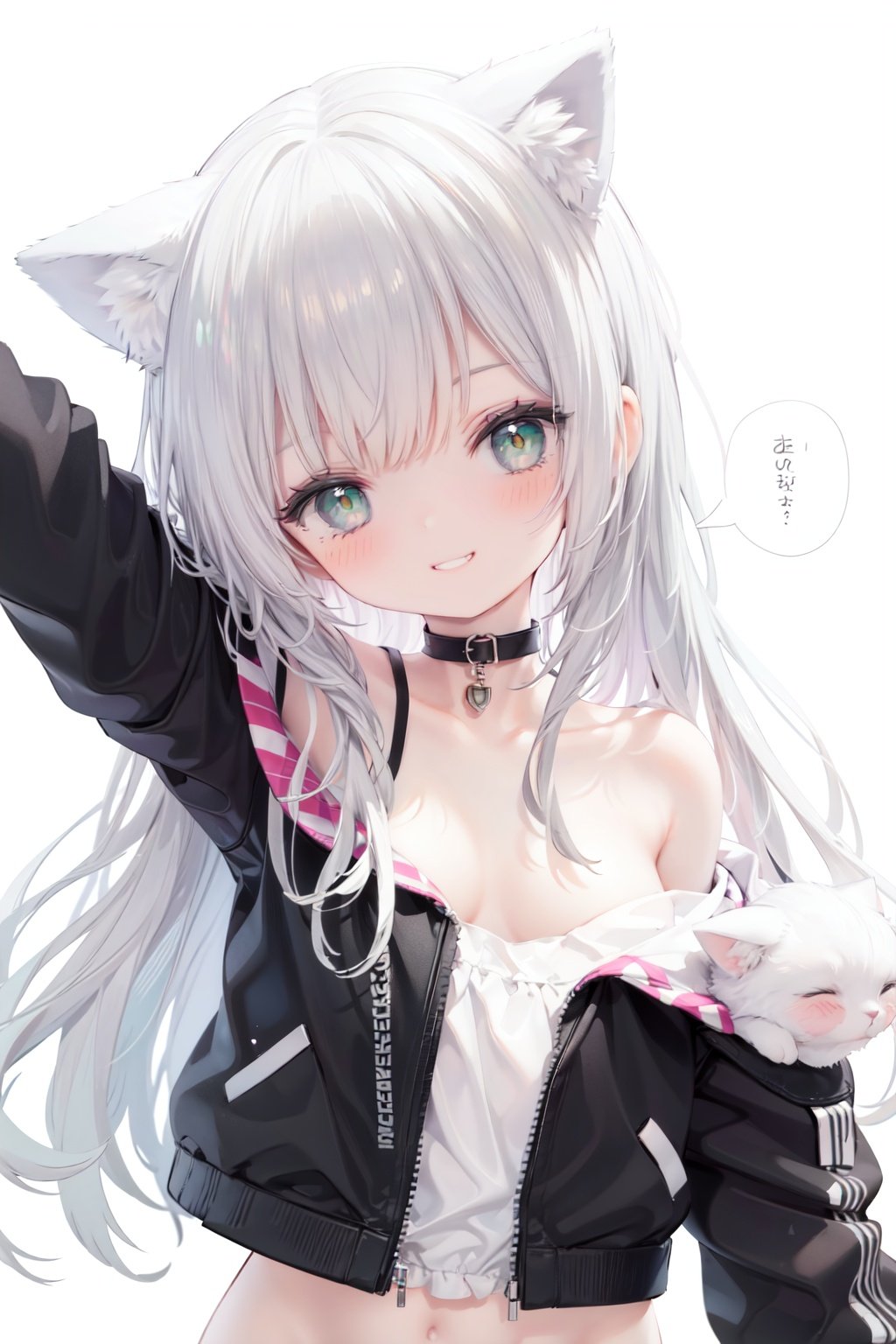 1girl,  solo,  green eyes,  smile,  long hair,  cat ears,  looking at viewer,  animal ears,  white background,  simple background,  bangs,  silver hair,  upper body,  speech bubble,  jacket,  black jacket,  head tilt,  bare shoulders,  eyebrows visible through hair,  off shoulder,  half-closed eyes,  grin,  arm up,  collarbonereflection light