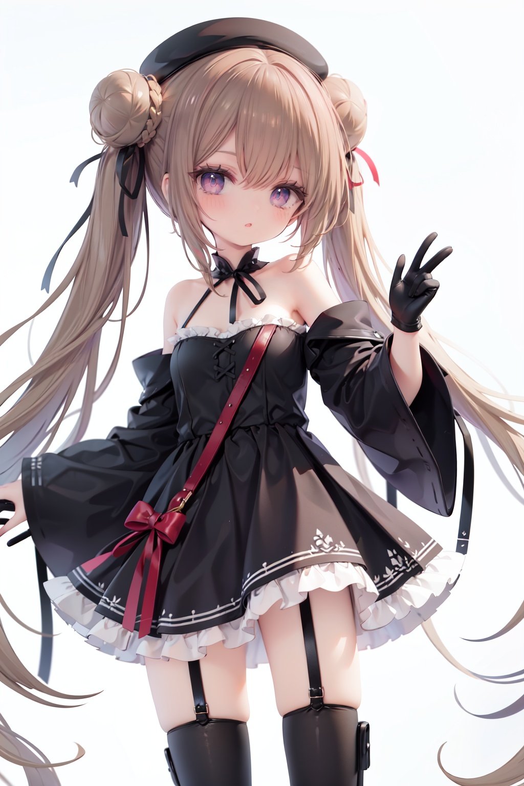 1girl, dress, double bun, hair bun, long hair, black dress, twintails, looking at viewer, smile, hat, bangs, brown hair, white background, solo, open mouth, blush, black headwear, very long hair, garter straps, thighhighs, bare shoulders, beret, :d, ribbon, black gloves, simple background, long sleeves, nail polish, black footwear, red ribbon, bow, gloves, wide sleeves, animal, hair ribbon, boots, red nails, sheath, sheathed, hair between eyes