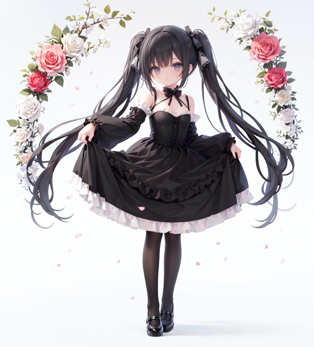 masterpiece, ((best quality)),  dynamic angle, chromatic aberration, ((colorful)),1girl, solo, black hair, long hair, dress, butterfly, bug, twintails, black footwear, lolita fashion, very long hair, pantyhose, black dress, long sleeves, bow, full body, bangs, flower, puffy sleeves, standing on one leg, shoes, white pantyhose, hair bow, looking at viewer, grey eyes, frills, standing, gothic lolita, blush, juliet sleeves, black bow, frilled dress, white flower, rose, closed mouth, skirt hold, petals, wide sleeves, mary janes, white rose