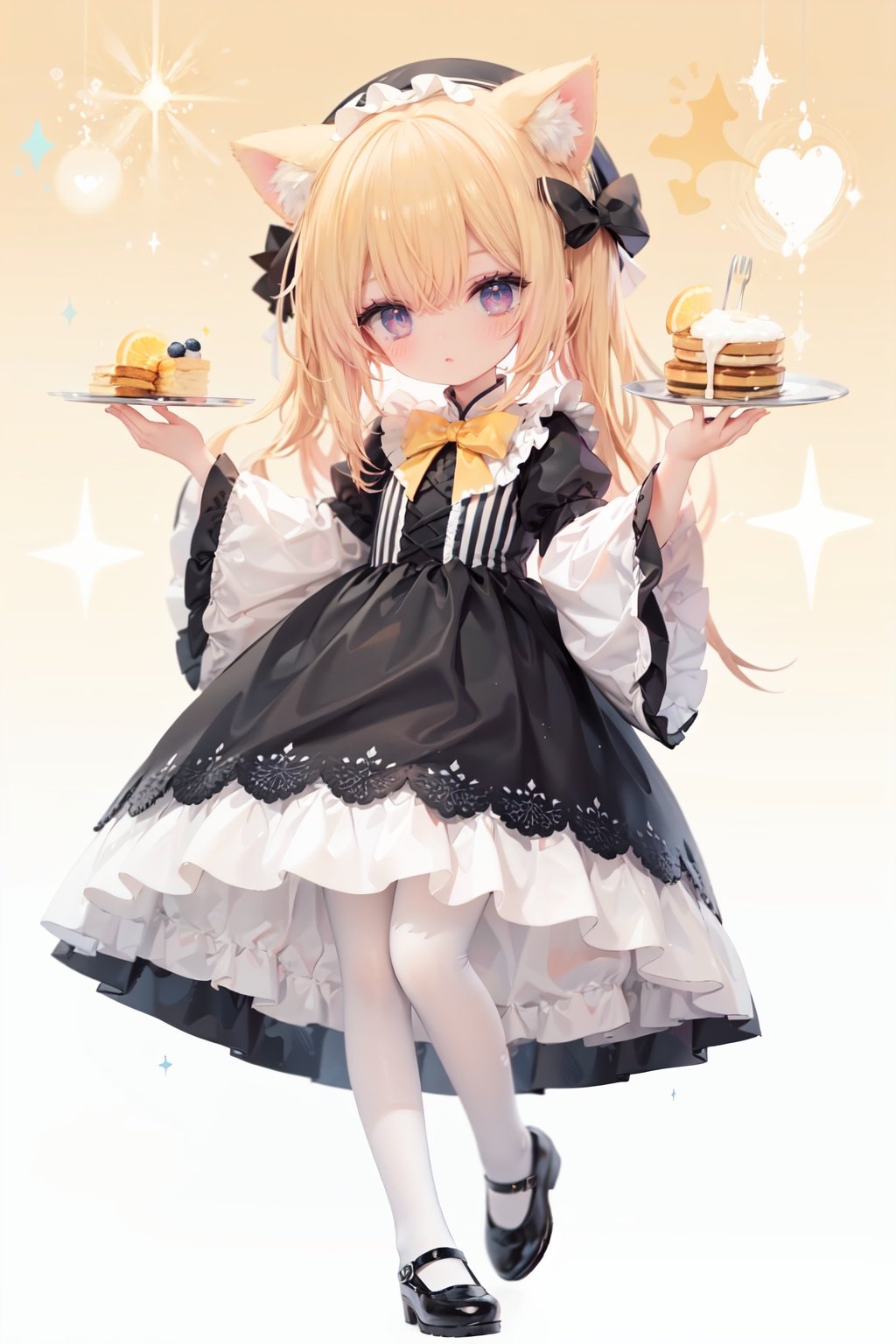 (cinematic lighting),  dreamy atmosphere,  Ray tracing,  (((solo))),  (loli:1.5),  (child:1.5),  (petite:1.5),  green eyes,  (animal ears),  dress,  solo,  food,  blonde hair,  open mouth,  long hair,  pancake,  flower,  holding,  bow,  smile,  fork,  bird,  socks,  looking at viewer,  shoes,  striped background,  holding fork,  bonnet,  striped,  frills,  long sleeves,  :d,  yellow dress,  bangs,  eyebrows visible through hair,  blush,  green nails,  hair bow,  nail polish,  diagonal stripes,  chick,  sparkle,  frilled dress,  orange bow,  fruit,  full body,  :3,  hair between eyes,  green bow,  puffy sleeves,  heart,  lemon,  orange footwear,  animal ear fluff,  white bow,  cat ears,  bobby socks,  orange headwear,  see-through sleeves,  blue background,  striped bow,  hair ornament,  white legwear,  mary janes