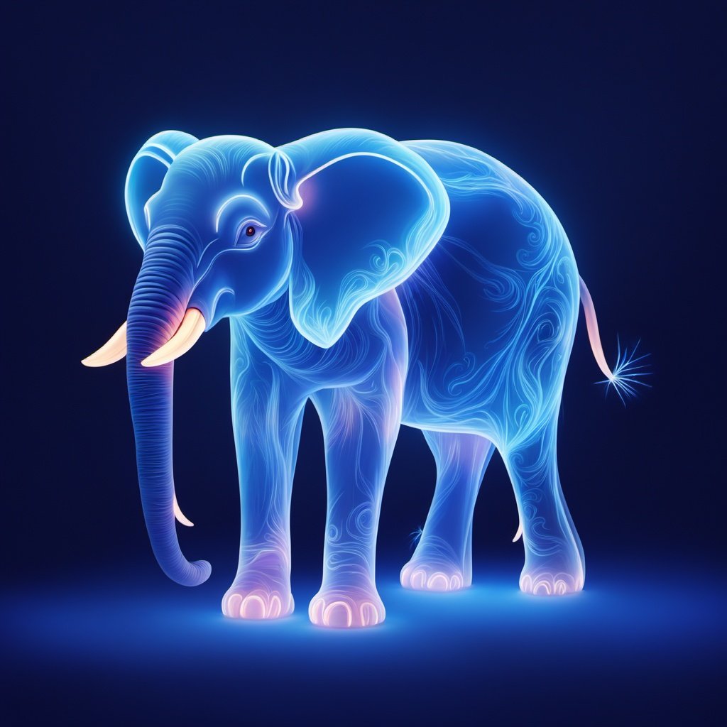 <lora:bailu:0.9>,LU,no humans,blue theme,glowing,full body,animal,elephant,transparent luminous body,