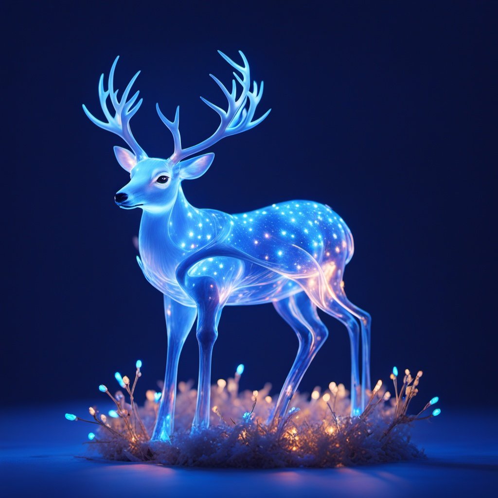 <lora:bailu:0.9>,LU,blue theme,glowing,transparent luminous body,the deer,antlers,