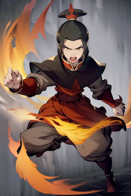 masterpiece, best quality, 1girl, azula, angry, armor, open mouth, lipstick, makeup, looking at viewer, fire, solid gray background <lora:WOTV:1>  <lora:Azula:1>