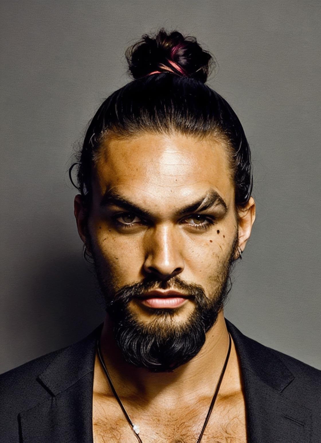 portrait of sks person by Flora Borsi, style by Flora Borsi, bold, bright colours, dark Mohawk haircut, ((Flora Borsi)), <lora:locon_jasonmomoa_v1_from_v1_64_32:1.25>