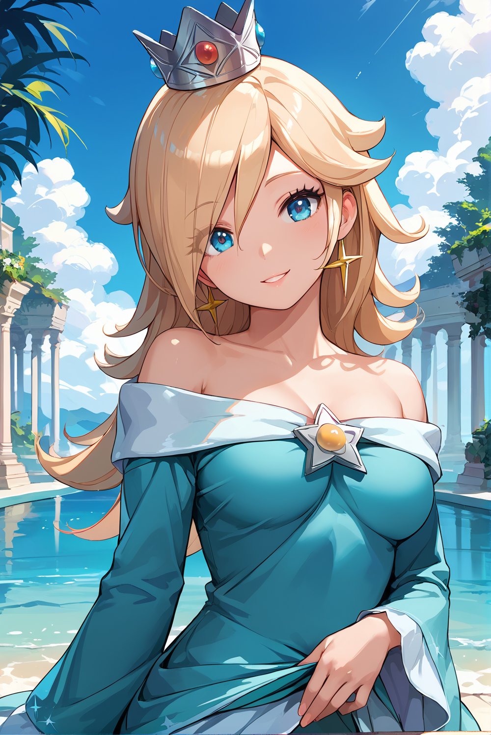 score_9_up, score_8_up, score_7_up, source_anime, 1girl, beautiful detailed eyes, ((masterpiece,best quality)), absurdres, solo, princess rosalina, short hair, silver crown, , blue eyes, long sleeves, smile, curvy, head tilt