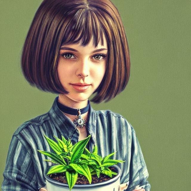 <lora:matilda_lora:1>, a drawing art style cartoon anime, slim female with pot of plant in hands, detailed face look at camera, smirk, (smile:0.5), raw, intricate, high quality, 8K,