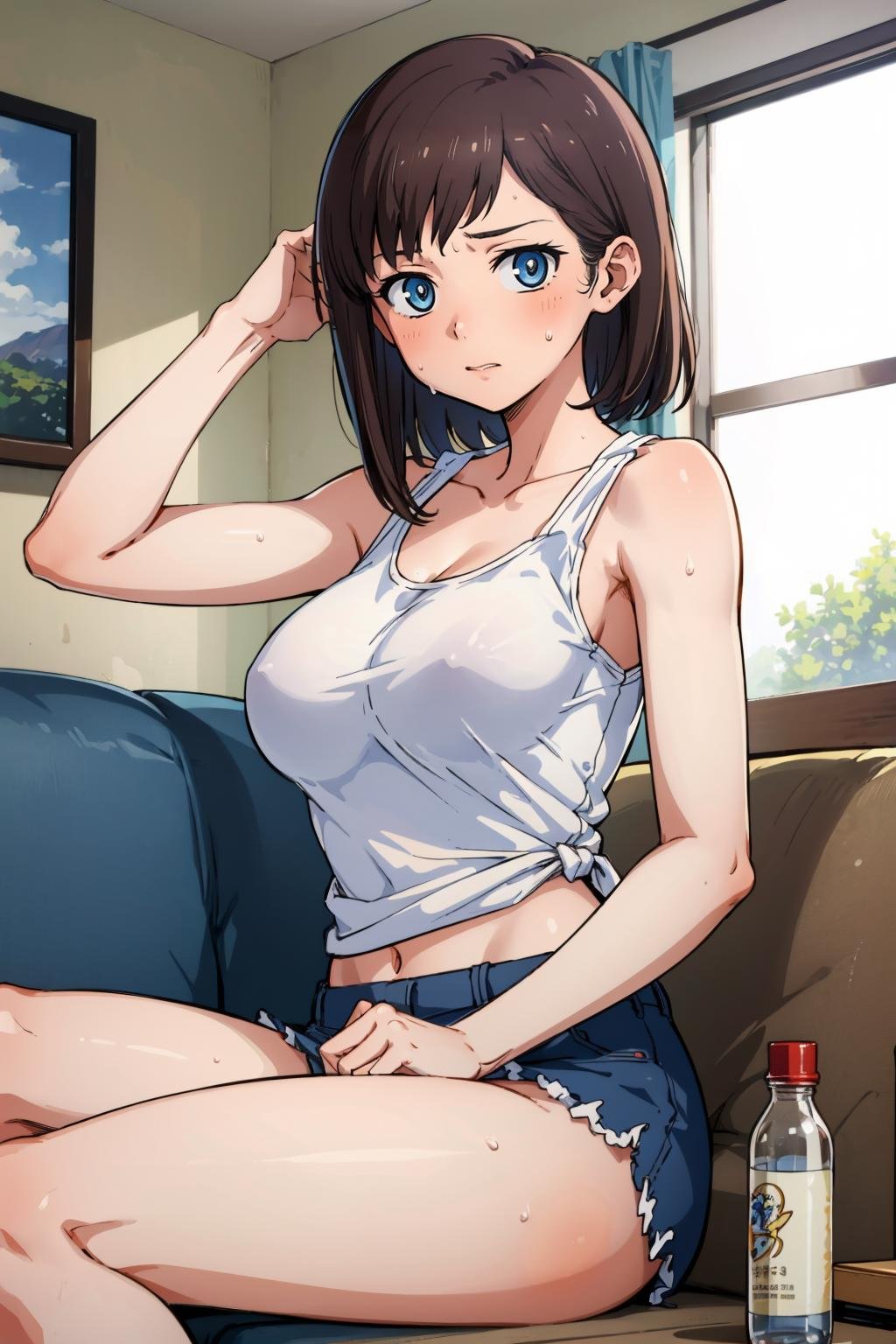 masterpiece, best quality, <lora:ichikawakana-nvwls-v1-000010:0.9> ichikawakana, white tank top, large breasts, sitting, sweating, fixing hair, couch, living room, looking at viewer, miniskirt