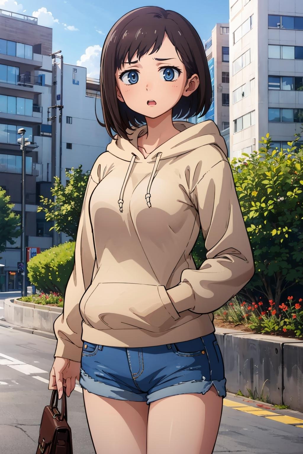 masterpiece, best quality, <lora:ichikawakana-nvwls-v1-000010:0.9> ichikawakana, grey hoodie, denim shorts, cowboy shot, looking at viewer, surprised, outdoors, park