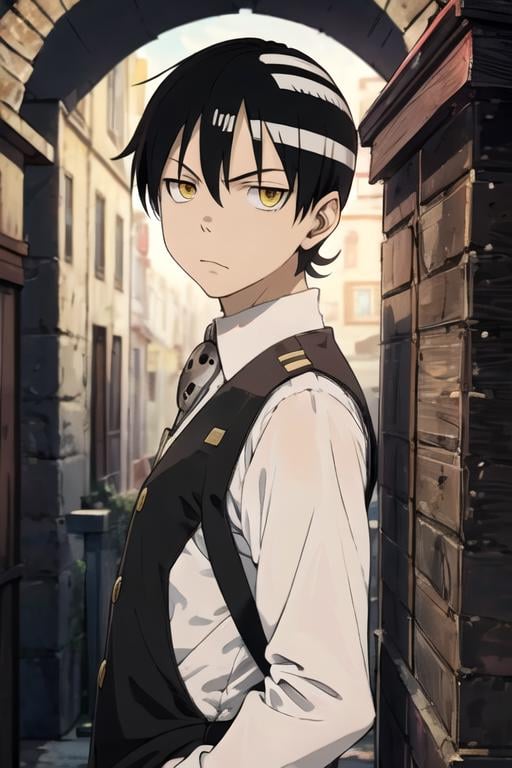 masterpiece, best quality, photorealistic, 1boy, solo, male focus, looking at viewer, , , , realistic, <lora:death_the_kid_soul_eater:0.72>, death_the_kid_soul_eater, black hair, yellow eyes, , , , The Shrine of the Lost,