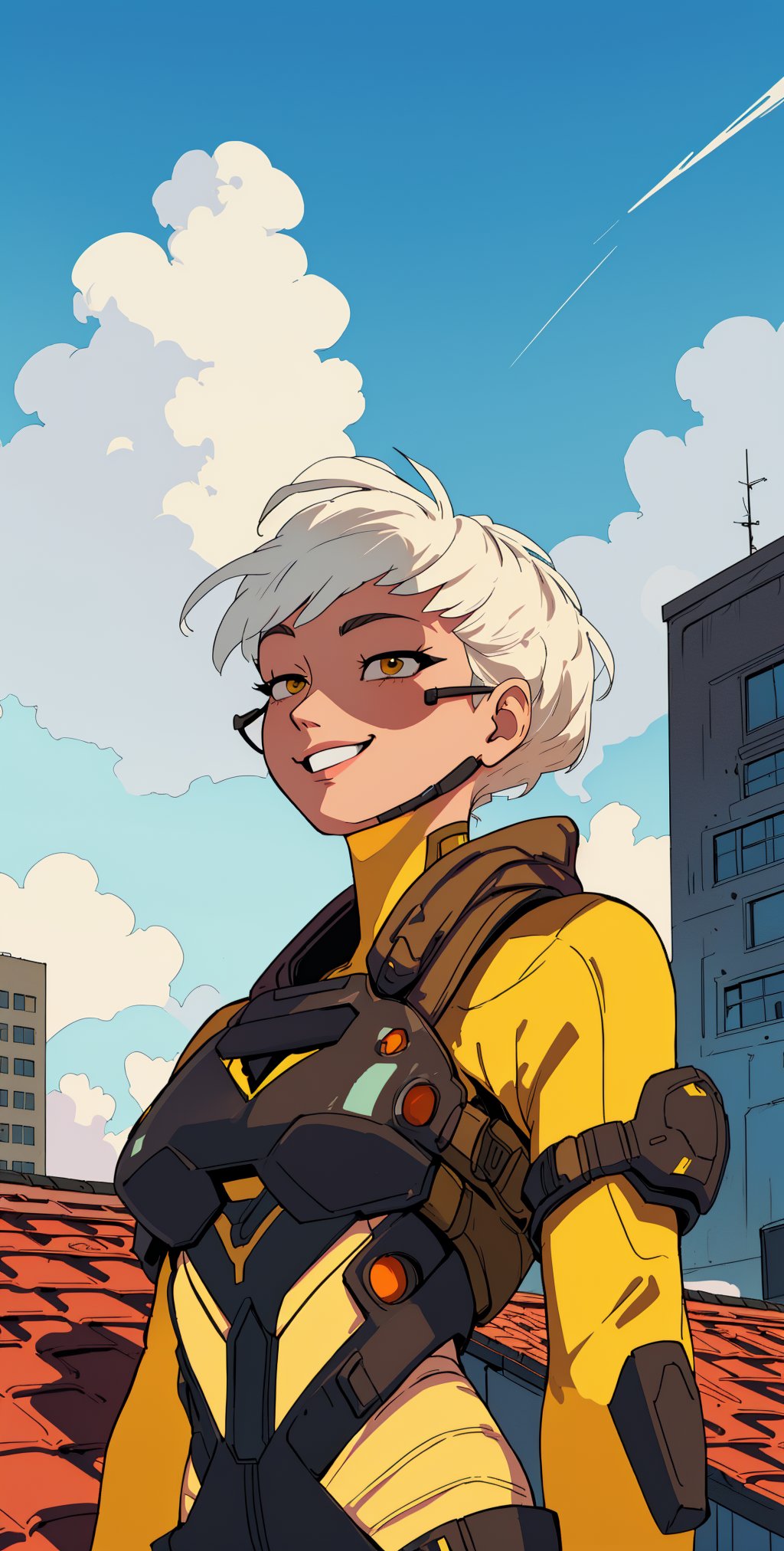 Valk,white hair,short hair,brown eyes,
(yellow shades:1.5),orange bodysuit,
smile,
upper body,standing,
outside,clouds,rooftop,cyberpunk,
(insanely detailed, beautiful detailed face, masterpiece, best quality) solo,,