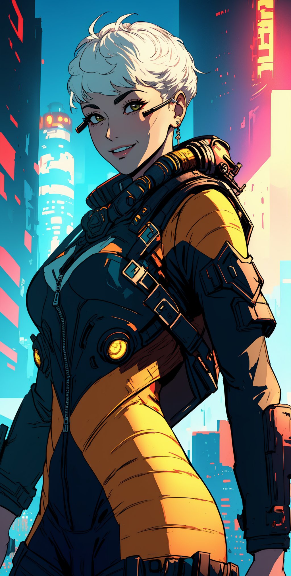 Valk, white hair, short hair, 
yellow shades, orange body suit,  jetpack
smile, 
 upper body,  standing, 
cyberpunk, airship, 
 (insanely detailed, beautiful detailed face, masterpiece, best quality) solo,  