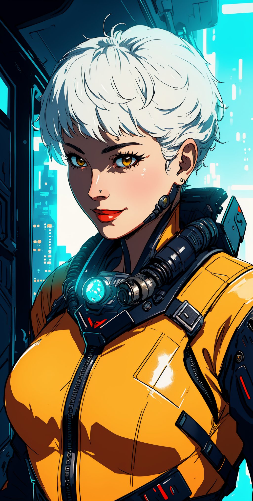 Valk, white hair, short hair, 
yellow shades, orange body suit,  jetpack
smile, 
 upper body,  standing, 
cyberpunk, airship, 
 (insanely detailed, beautiful detailed face, masterpiece, best quality) solo,  