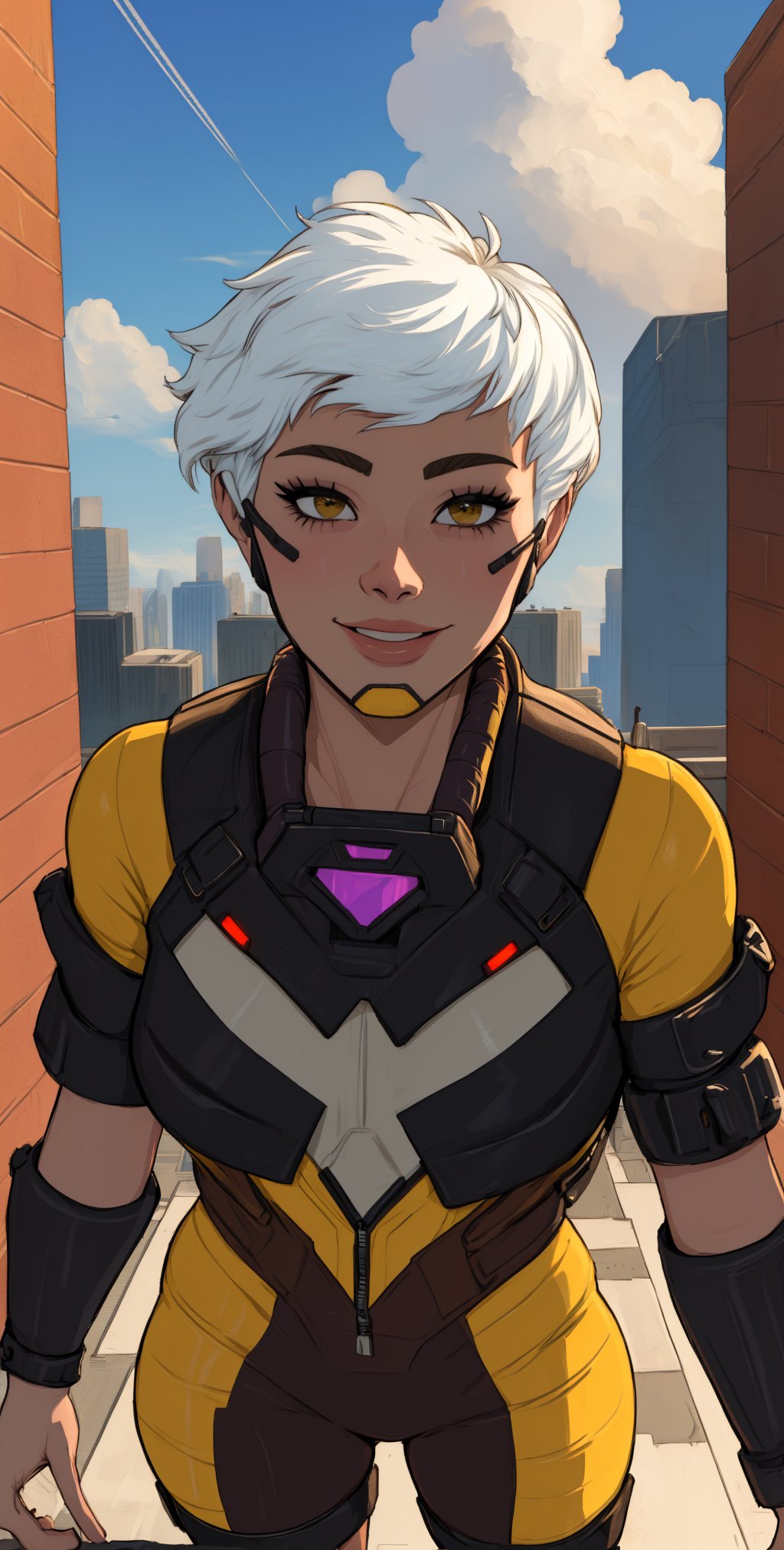 Valk,white hair,short hair,brown eyes,
(yellow shades:1.5),orange bodysuit,
smile,
upper body,standing,
outside,clouds,rooftop,cyberpunk,
(insanely detailed, beautiful detailed face, masterpiece, best quality) solo,,