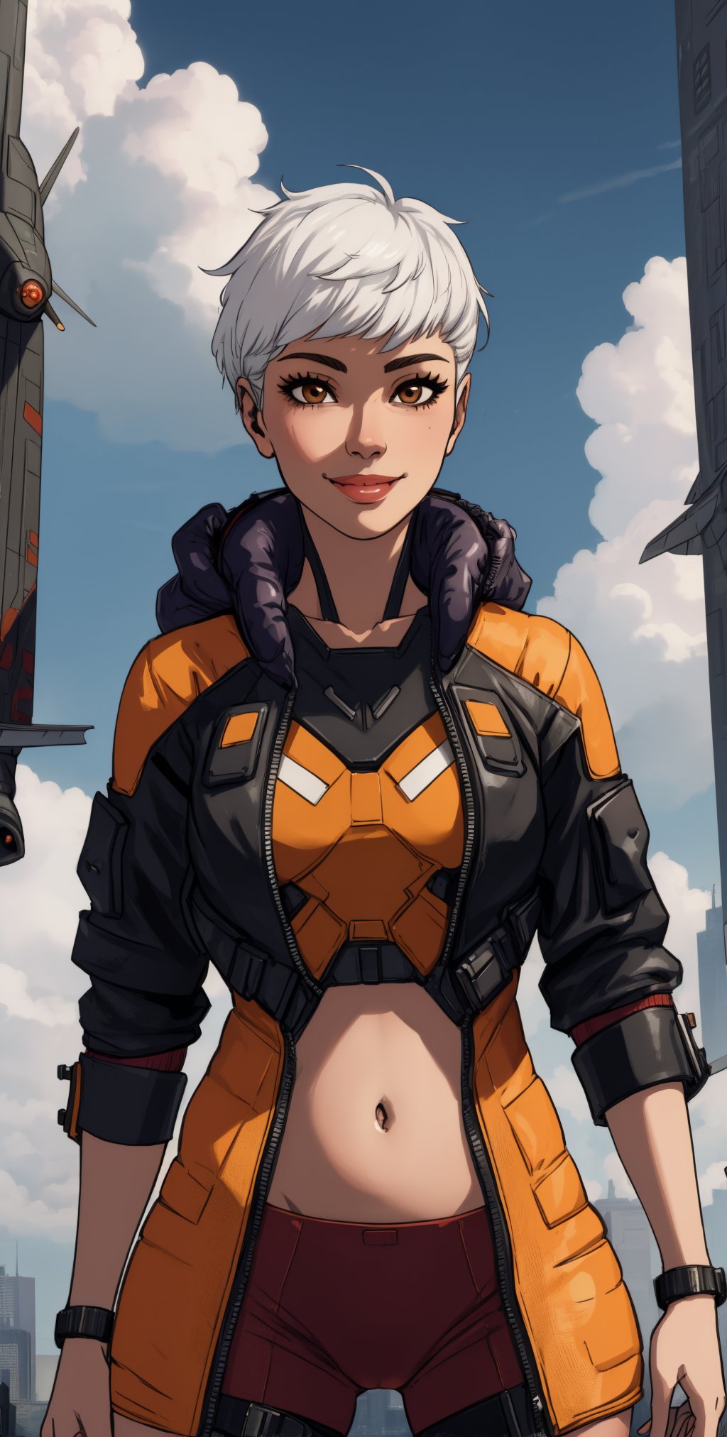 Valk, white hair, short hair, brown eyes, 
orange bodysuit,   
smile,  covered navel,  tight, 
 upper body,  standing,    
 outside, clouds,  cyberpunk,  airbase, 
 (insanely detailed, beautiful detailed face, masterpiece, best quality) solo,  