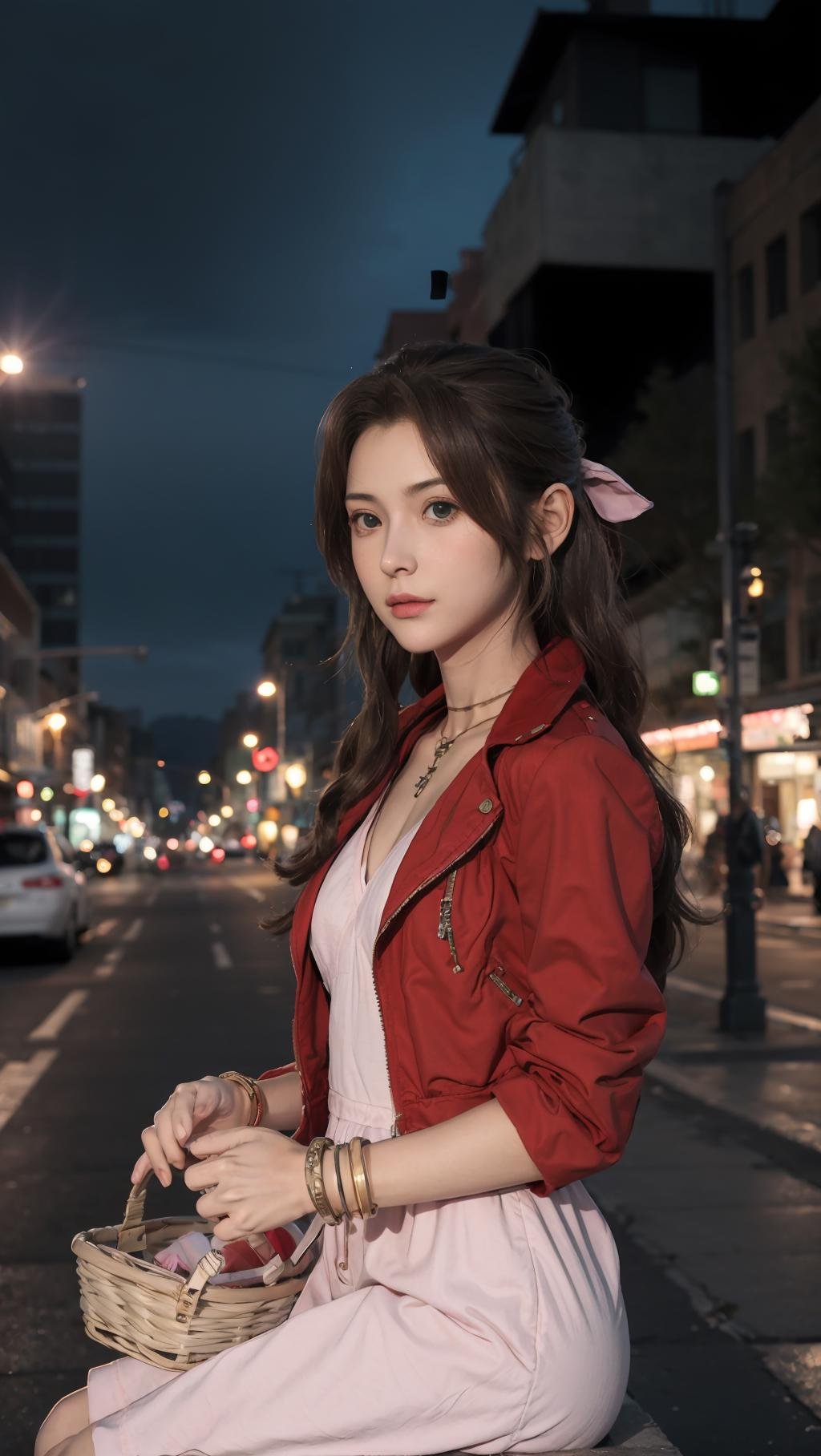 best quality,masterpiece,8k wallpaper,absurdres, highres, ultra detailed, (1 young beautiful girl, solo:1.1),aerith gainsborough \(cosplay\),red_jacket, necklace,brown_hair,long_hair,bracelet,pink_dress,hair_ribbon,flowers basket,holding basket,sitting,street, night,city lights,  <lora:Aerith_ROLE:1>