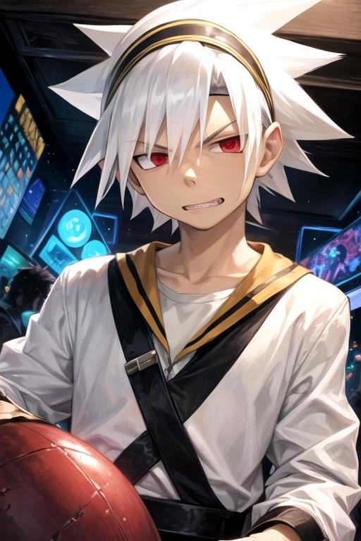 masterpiece, best quality, wallpaper, 1boy, solo, male focus, looking at viewer, upper body, , , , <lora:soul_eater_evans:0.70>, soul_eater_evans, white hair, red eyes, spiked hair, teeth, headband, toga costume, science fiction soft science fiction,