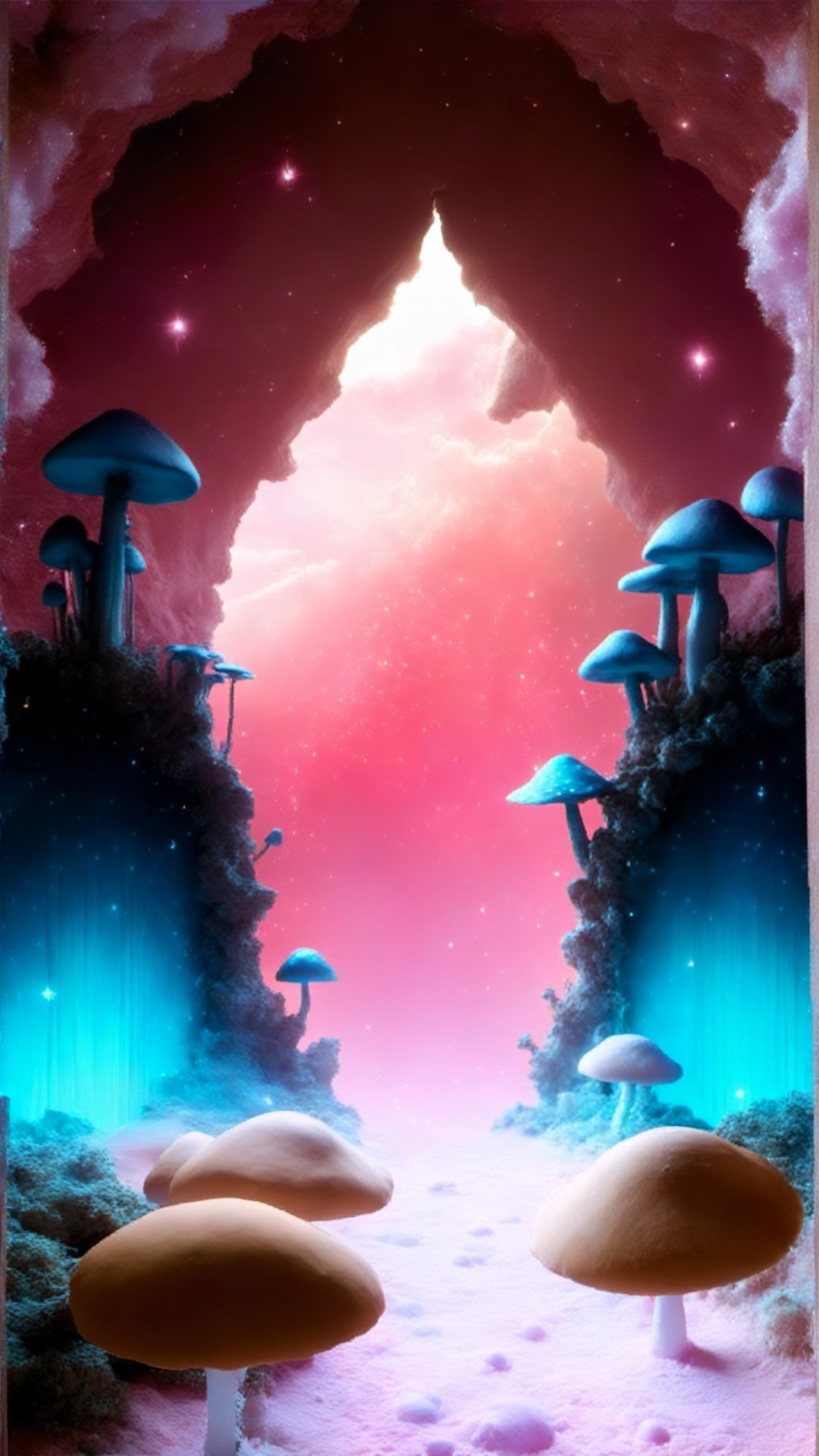 (Magic Universe, Fantasy Style :1.5) (Complex Detail) (Advanced Color) (Science Fiction Concept Light) You decide to walk through this door and arrive at a strange world completely different. The sky of this world is pink, and the clouds are twinkling crystals floating in the sky. The ground is soft pink sand, and the sand is filled with colorful giant mushrooms, each with its own emotions and thoughts