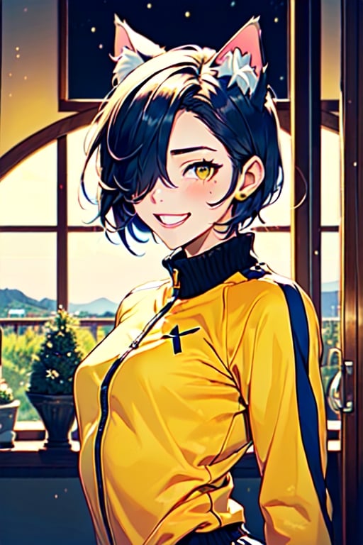 (masterpiece, top quality, best quality, beautiful and aesthetic:1.2), (1girl:1.3), original,, starry print hair, very short hair, hair over one eye, yellow eyes, muscular female, tracksuit, small breasts, tearing up, animal ears, cat ears, upper body, hakodate, indoors, (dynamic pose:1.2), laughing
