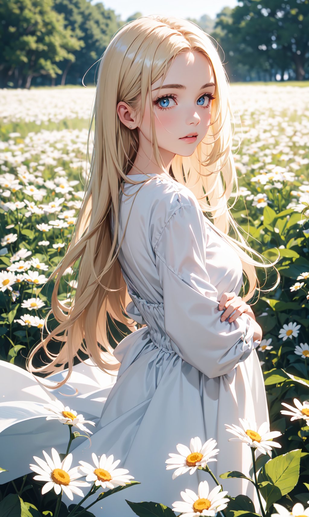 1girl,in a field of flowers,white flower,looking at viewer,blue eyes,blonde hair,daisy,long hair,pure white dress,
