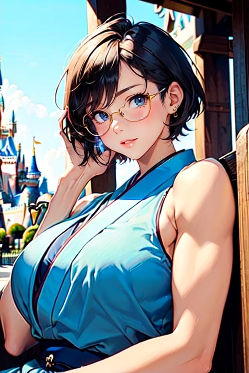 (masterpiece, top quality, best quality, beautiful and aesthetic:1.2), (1girl:1.3), original,, hazel hair, short hair, crossed bangs, blue eyes, muscular female, japanese clothes, glasses, large breasts, light smile, tinted glasses, upper body, disneyland, light, lying, on back, :o
