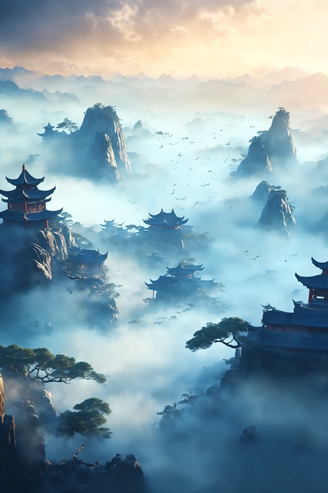 Ancient China, many flying swords through black holes, surrounded by mist, vast panoramas, illusory light and shadow, wide Angle lens, captured at dusk, cinematic texture, Unreal Engine 4, 8K Ultra HD, clear and bright image quality, amazing fantasy immortal scenes, ink painting style, highly refined, dynamic expression, clear lines, cinematic texture, cold atmosphere, vividness, Render high octane, extremely fine