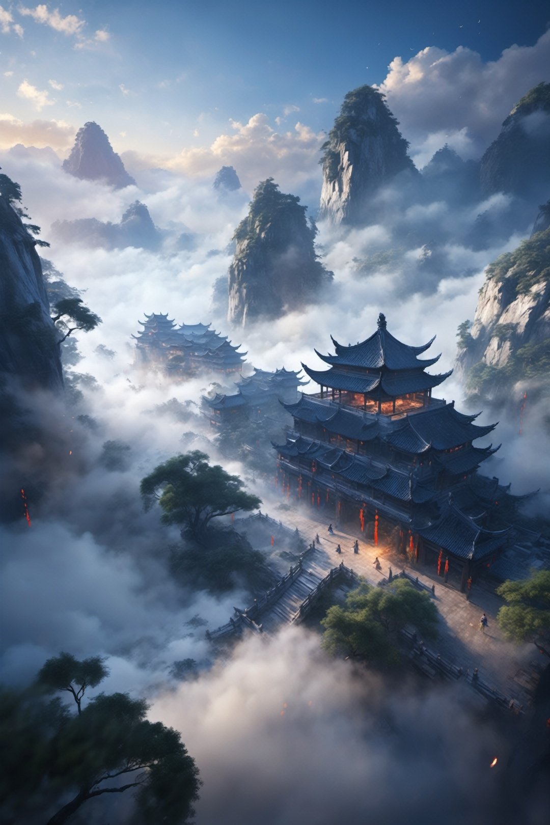 Ancient China, Wuxia World, Black Through the Cave, surrounded by mist, vast panorama, Unreal light and shadow, wide Angle lens, captured at dusk, cinematic texture, Unreal Engine 4, 8K Ultra HD, clear and bright image quality, amazing fantasy immortal scenes, ink painting style, highly refined, dynamic expression, clear lines, cinematic texture, cool atmosphere, Vivid, high octane rendering, extremely fine,wujie,wanjianguizong,xiamap