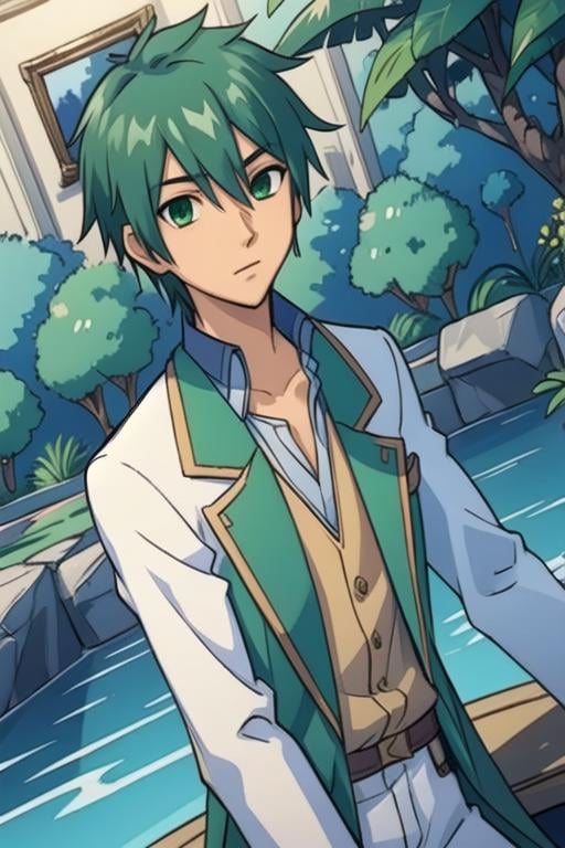 masterpiece, best quality, game cg, 1boy, solo, male focus, looking at viewer, , depth of field, , , <lora:ryuu_tsuji:0.70>, ryuu_tsuji, green hair, green eyes, renaissance costume, stream,