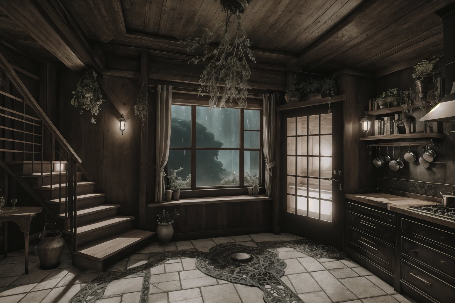 (Masterpiece,  Best Quality),  insaneres,  (8k resolution),  ff14bg,  fantasy,  surreal,  loft,  flower,  indoors,  no humans,  kitchen,  tiled floor,  door,  (stairs),  (night:1.2),  table,  plant,  bookshelf,  instrument,  box,  scenery,  (extremely detailed),  volumetric lighting,  night,  (depth of field:1.1),  dark studio,  low key,  (intricate details,  intricate design:1.2),  (nature outside window,  tree:1.3), <lora:EMS-48308-EMS:0.900000>