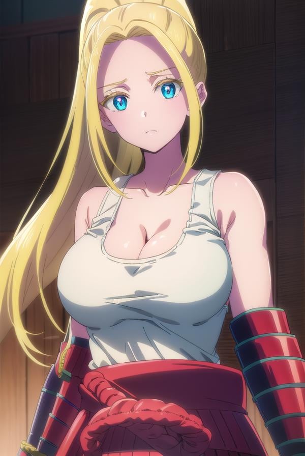 beatrixamerhauser, <lyco:beatrixamerhauserv3-lyco-nochekaiser:1>,beatrix amerhauser, long hair, blue eyes, blonde hair, gloves, ponytail, (medium breast:1.2),BREAK gloves, fingerless gloves, armor, japanese armor, tank top, white tank top, cleavage, collarbone,BREAK looking at viewer,BREAK outdoors,BREAK <lyco:GoodHands-beta2:1>, (masterpiece:1.2), best quality, high resolution, unity 8k wallpaper, (illustration:0.8), (beautiful detailed eyes:1.6), extremely detailed face, perfect lighting, extremely detailed CG, (perfect hands, perfect anatomy),