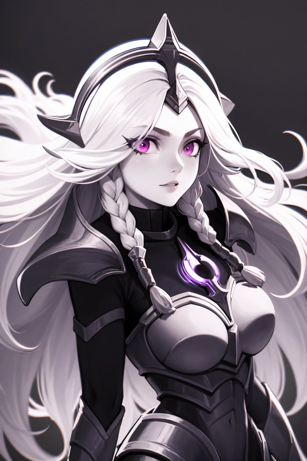 masterpiece, best quality, 1girl, leona, white hair, long hair, twin braids, purple eyes, armor, closeup, (b&w), black and white, (glowing eye:0.5), (sketch:0.4), solo, solid grey background  <lora:LunarLeona:1>