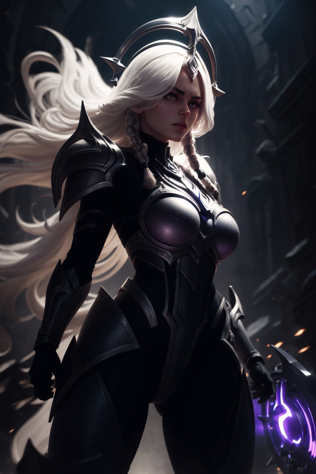 ((masterpiece, ultra detailed)), concept art, illustration, digital art, 1girl, solo, mature woman, leona, white hair, long hair, twin braids, purple eyes, armor, ((stunningly beautiful)), (large breasts), beautiful eyes, beautiful body, dynamic pose, battle-stance ready, stylish pose, dark theme, hdr, bloom, glowing, high intensity lighting, backlight, cinematic lighting, soft lighting, natural lighting, dramatic lighting, dark lighting, (ornate), intricate, highly detailed, hyper realistic, trending on artstation, award winning, fascinating, elegant, RAW photo, absurdres, highres, 4k, studio quality, octane render, 8k uhd, close-up  <lora:LunarLeona:1> <lora:epiNoiseoffset_v2:0.5>