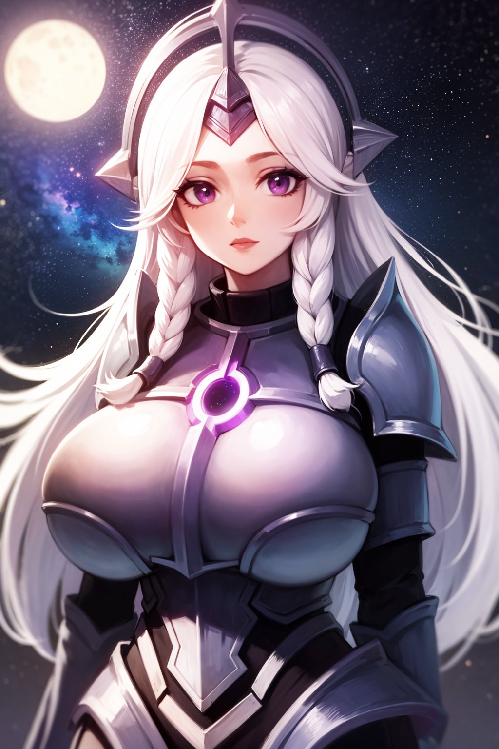 masterpiece, best quality, 1girl, leona, white hair, long hair, twin braids, purple eyes, armor, breastplate, (huge breasts:1.4),  solo, upper body, stars, moon, galaxy, space background  <lora:LunarLeona:1>