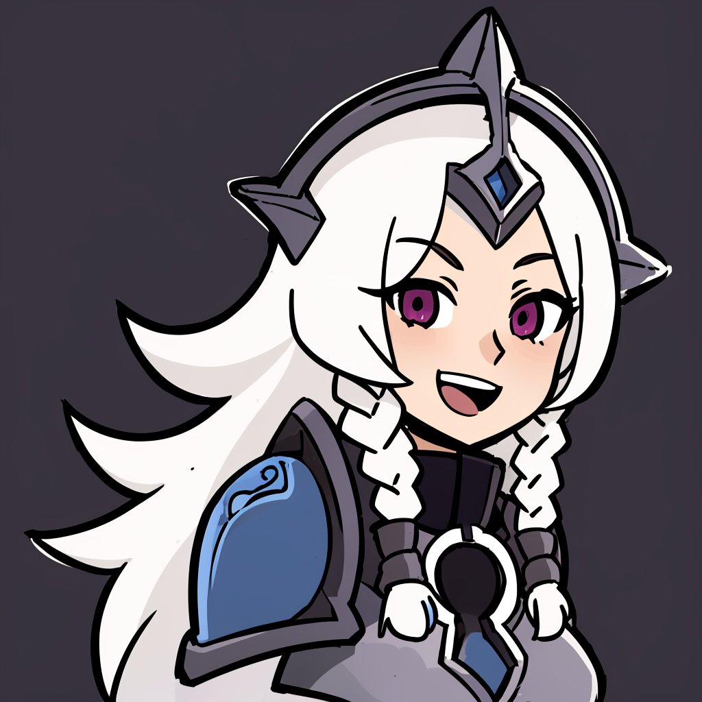 masterpiece, beautiful, (portrait), (upper body)1girl, leona, white hair, long hair, twin braids, purple eyes, armor, open mouth, smile, emoji, simple background, outline, white outline, thick lineart <hypernet:Toru8pWavenChibi_wavenchibiV10a:0.8>   <lora:LunarLeona:1>