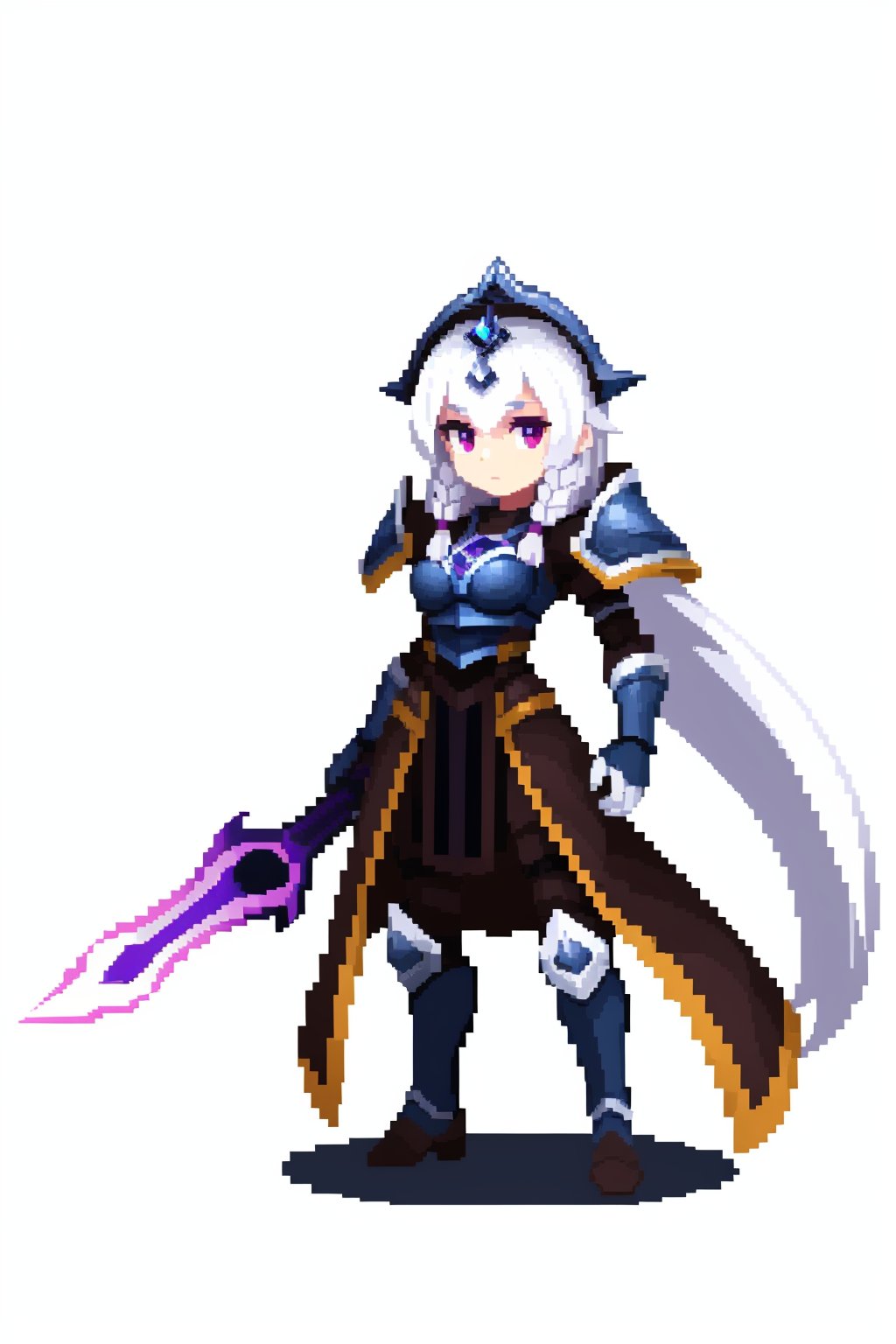 (white background:1.4),simple background,<lora:pixel_f2:0.5>,pixel,pixel art,1girl, leona, white hair, long hair, twin braids, purple eyes, armor, sword, solo, standing   <lora:LunarLeona:1>