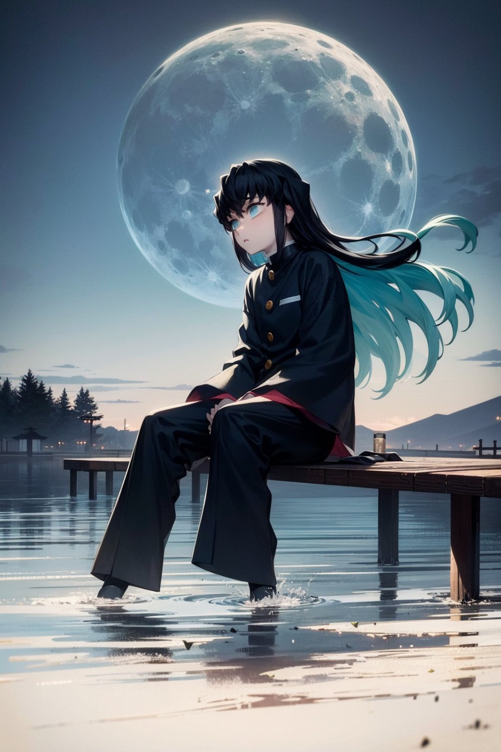 masterpiece, best quality, 1boy, muichiro,long hair, black hair, aqua hair, bangs,  multicolored hair, sidelocks, long sleeves, aqua eyes, demon slayer uniform, pants, moody, sad, sitting, dark, moon, night, profil, view from far, old japanse architecture <lora:MuichiroTokito:1>