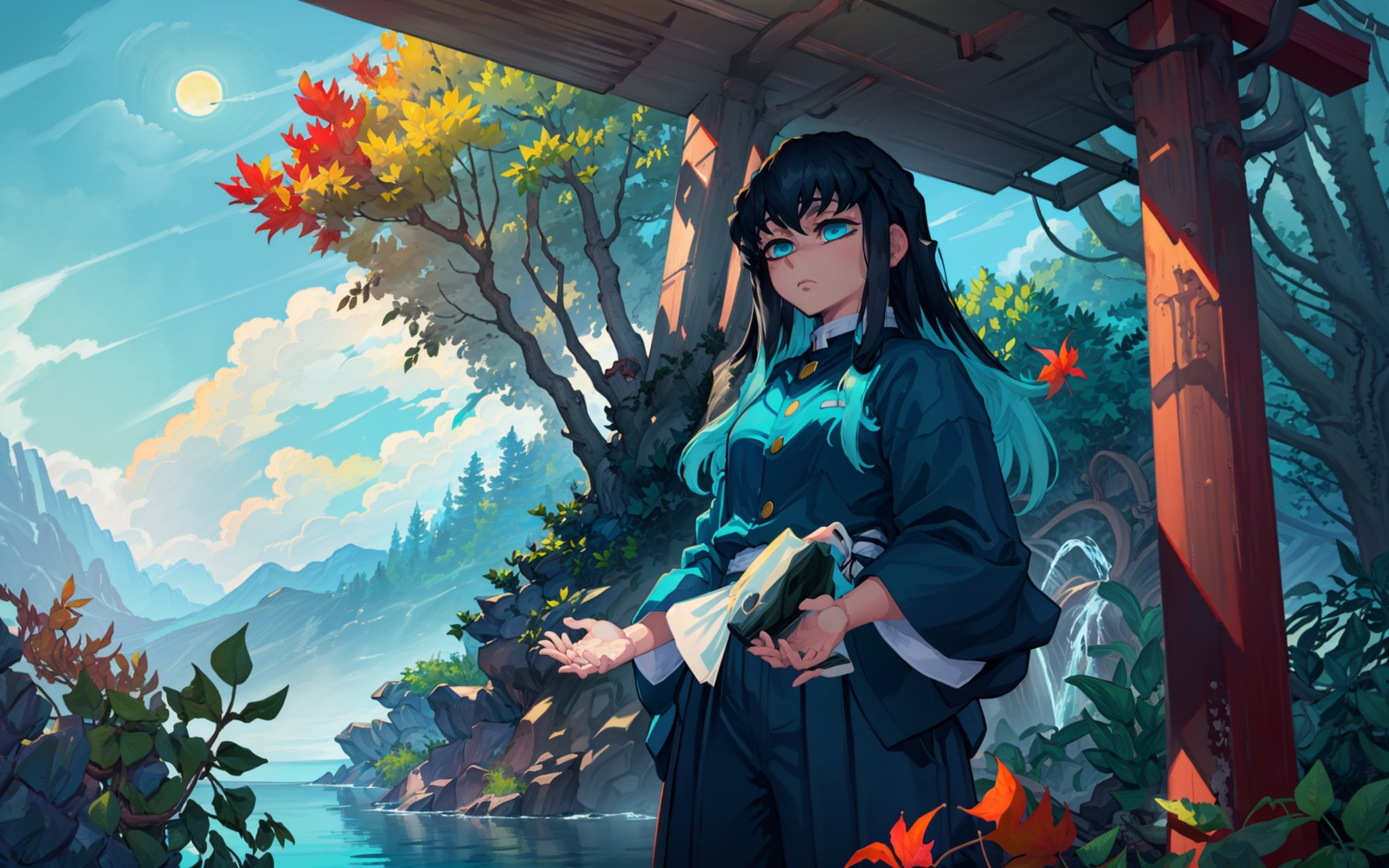 (masterpiece, best quality, highres), perfect lighting,muichiro, 1boy, long hair, black hair, aqua hair, bangs, multicolored hair, sidelocks, long sleeves, aqua eyes, demon slayer uniform, pants, looking at viewer, solo, closed mouth, view from below,festival, moonlight, (night), (dark), fall, fallen leaves, japanese temple, japanese decoration, leaf, ivy, wallpaper, ((empty)), (landscape), rock, nature, plant,  extremely detailed environnement, mist, distant waterfall, (excessive plant), loaded, mystical, dark blue water, ultra wide angle, ((ultra wide angle)), (depth of field), ((game cg))<lora:splashblush:0.7>  <lora:krekkovV2_e8:0.6>  <lora:epiNoiseoffset_v2:0.7> <lora:MuichiroTokito:1>