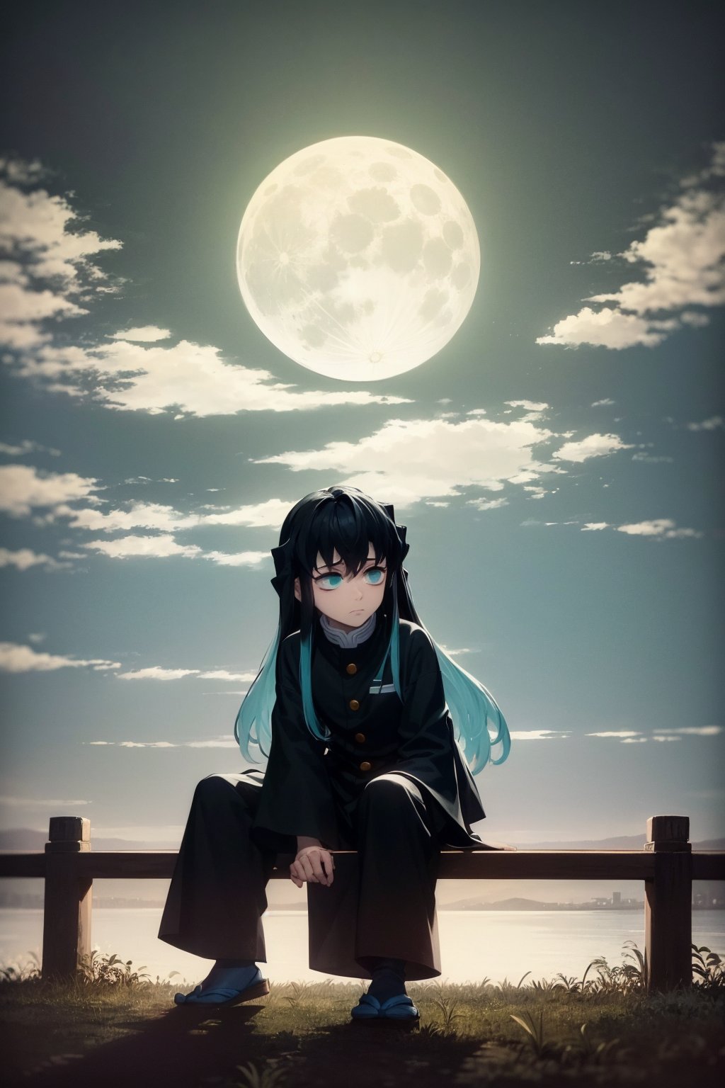 masterpiece, best quality, 1boy, muichiro,long hair, black hair, aqua hair, bangs,  multicolored hair, sidelocks, long sleeves, aqua eyes, demon slayer uniform, pants, moody, sad, sitting, dark, moon, night, profil, view from far, old japanse architecture