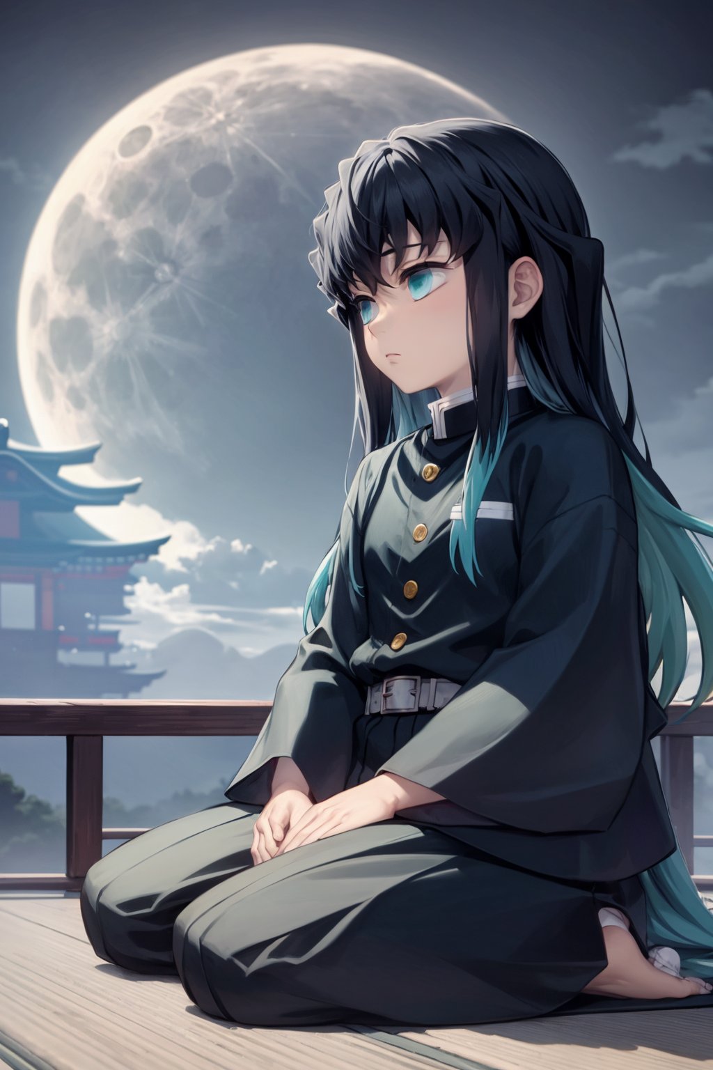 masterpiece, best quality, 1boy, muichiro,long hair, black hair, aqua hair, bangs,  multicolored hair, sidelocks, long sleeves, aqua eyes, demon slayer uniform, pants, sitting, dark, moon, night, profil, view from far, old japanse architecture <lora:MuichiroTokito:1>