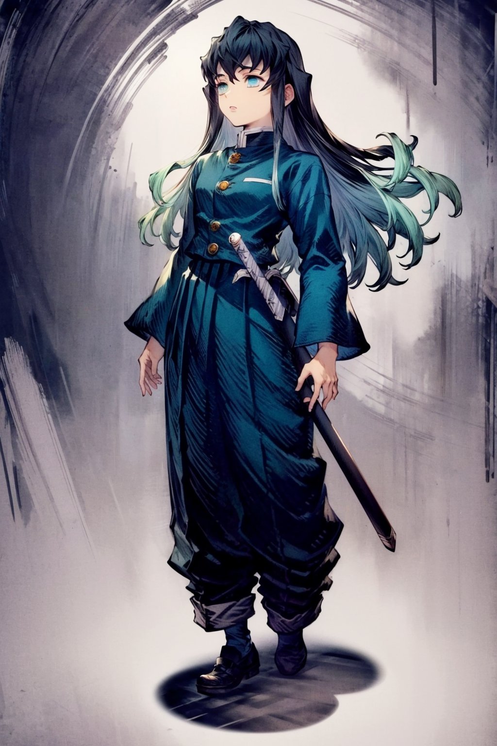 masterpiece, best quality, 1boy, muichiro,long hair, black hair, aqua hair, bangs, multicolored hair, sidelocks, long sleeves, aqua eyes, demon slayer uniform, pants, full body, sketch, sheath, solid gray background <lora:WOTV:1>  <lora:MuichiroTokito:1>