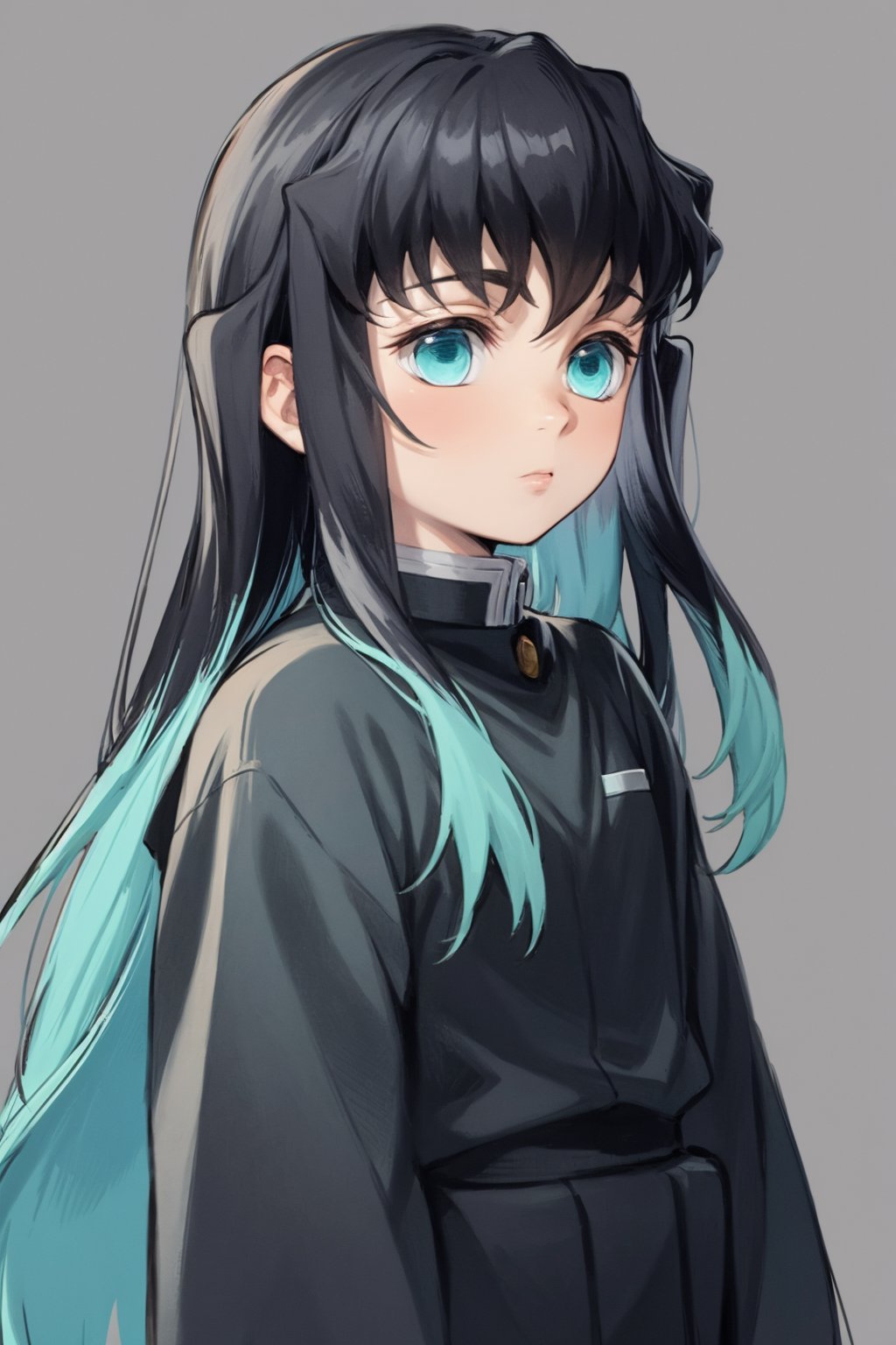 masterpiece, best quality, 1boy, muichiro,long hair, black hair, aqua hair, bangs,  multicolored hair, sidelocks, long sleeves, aqua eyes, demon slayer uniform, (sketch), closeup, simple background <lora:MuichiroTokito:1>