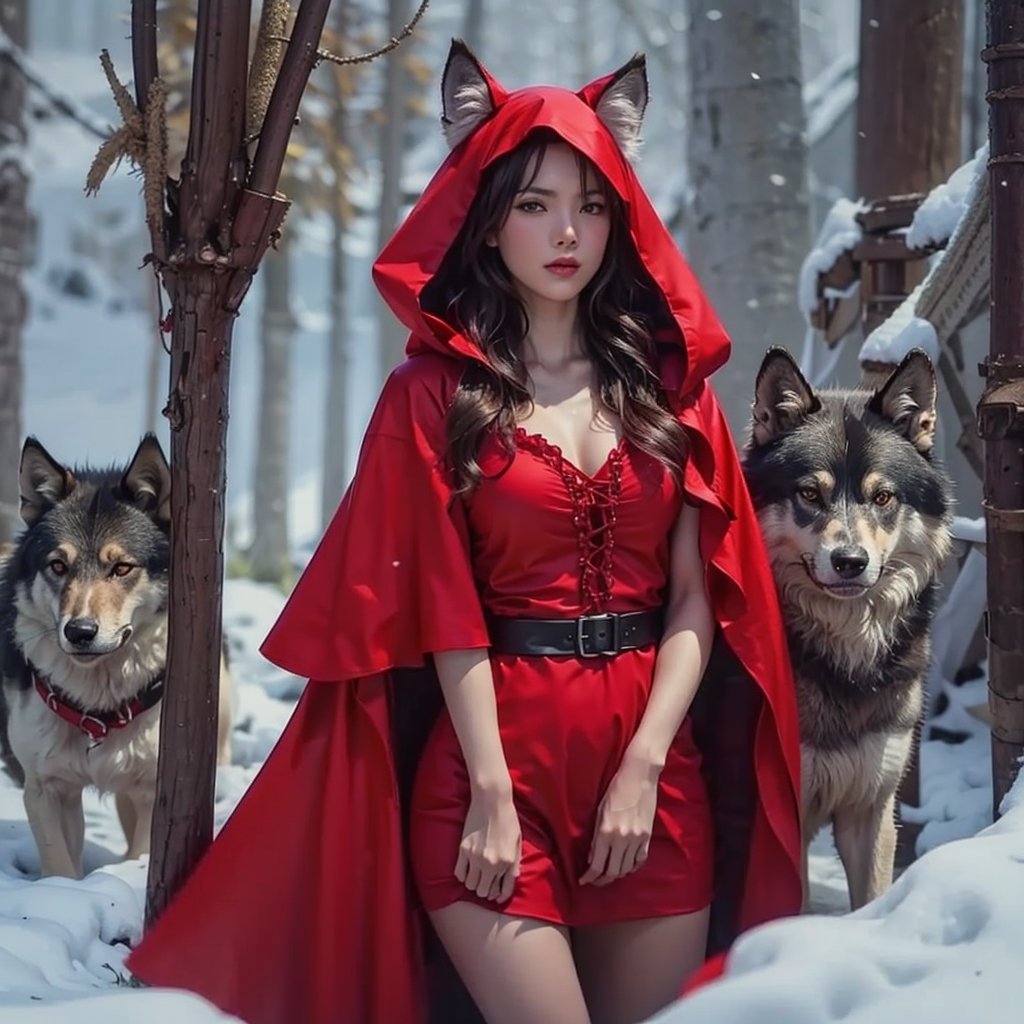 Masterpiece, high quality, ultra HD,  photo of 1 Vietnamese girl, there is a woman in a red dress and two wolfs, red hoods, red riding hood, little red riding hood, fantasy photography, realistic fantasy photography, dressed in a beautiful red cloak, angiewolf, thief red riding hood, wolfgirl, wolves, by Anna Haifisch, by Galen Dara, by Emma Andijewska