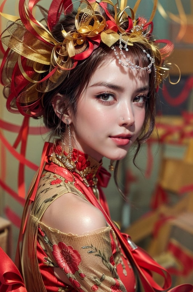 ((top-quality, ​masterpiece, photographrealistic:1.4, in 8K)), 1 eurasian girl, 18year-old,eyes color is European, Beautiful expression, (blonde mix black hair),  extremely detailed eyes and faces, beautiful detailed lips, Cinematic lighting、Looking at Viewer、Elegant smile、Full body,Miss Grand International