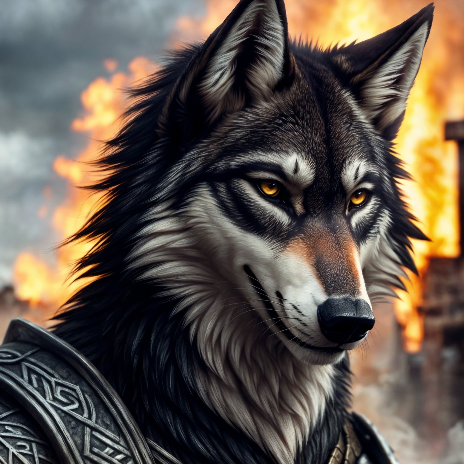 ((detailed fenris wolf )), wearing runes armor, ragnarök, destroyed city after nuclear blast flodded with ((black water:1.2)), post apocalyptic, warzone, fire , smokeBREAK(masterpiece, best quality, ultra realistic, 4k, 2k, (intricate, high detail:1.2), film photography, soft focus,RAW photo, photorealistic, analog style, subsurface scattering, photorealism, absurd res), ((closeup))