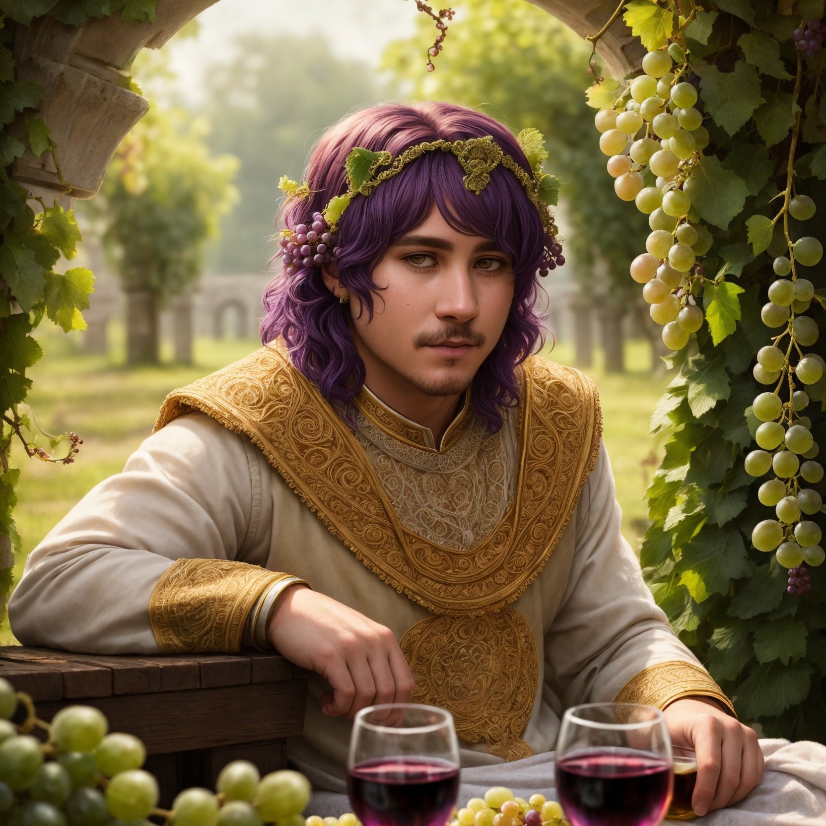 ((god bacchus)), trinking wine ,(hair made of grapes), on a festival with nymps, overgrown ruins , fantasy setting , drunken stateBREAK(masterpiece, best quality, ultra realistic, 4k, 2k, (intricate, high detail:1.2), film photography, soft focus,RAW photo, photorealistic, analog style, subsurface scattering, photorealism, absurd res),