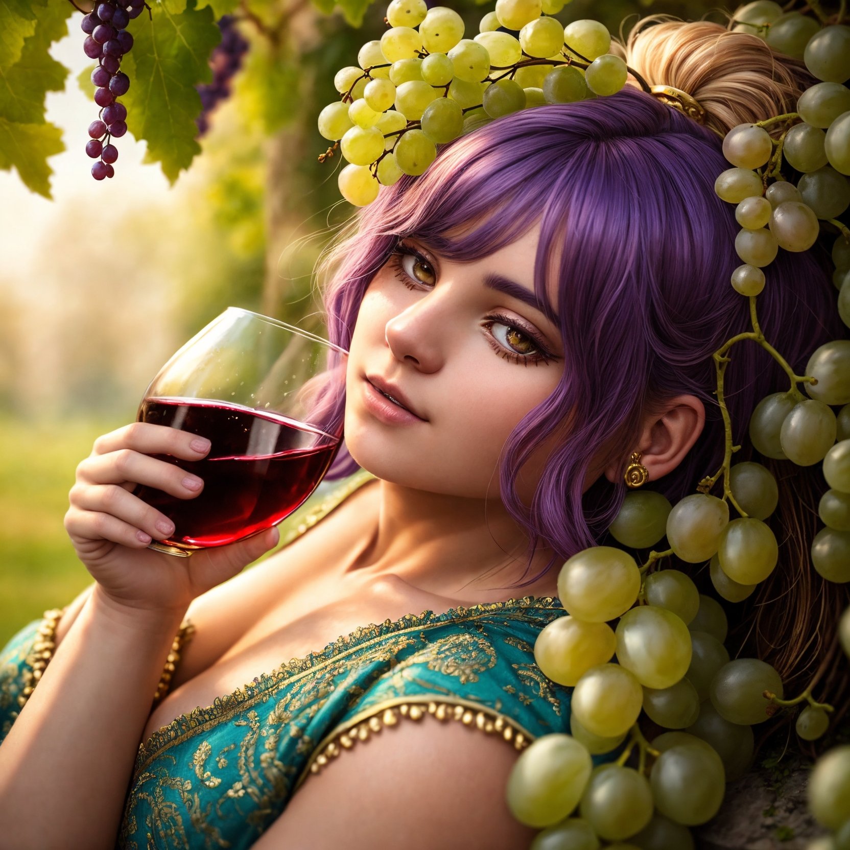 ((god bacchus)), trinking wine ,(hair made of grapes), on a festival with nymps, overgrown ruins , fantasy setting , drunken stateBREAK(masterpiece, best quality, ultra realistic, 4k, 2k, (intricate, high detail:1.2), film photography, soft focus,RAW photo, photorealistic, analog style, subsurface scattering, photorealism, absurd res),